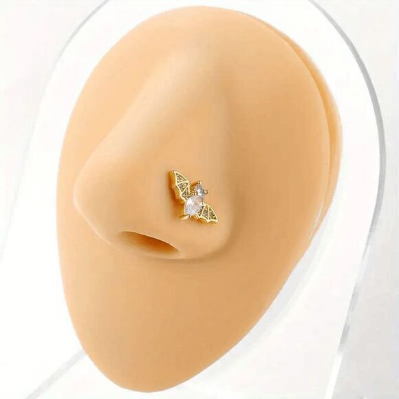 Diamond Gold Bat L Shaped Nose Ring - Picture 1 of 2